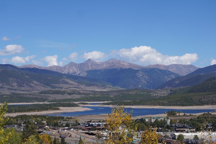 Dillon Reservoir and mountains seen from above Frisco